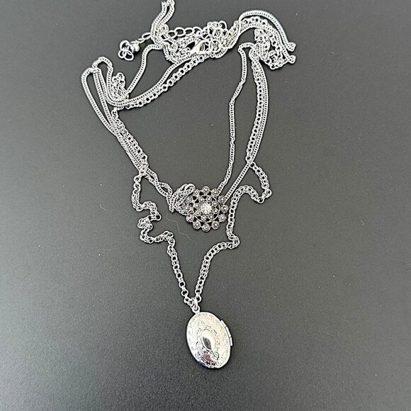 Silver Multi-Layer Chain Necklace With Locket Pendant & Crystal Accent - Picture 3 of 3